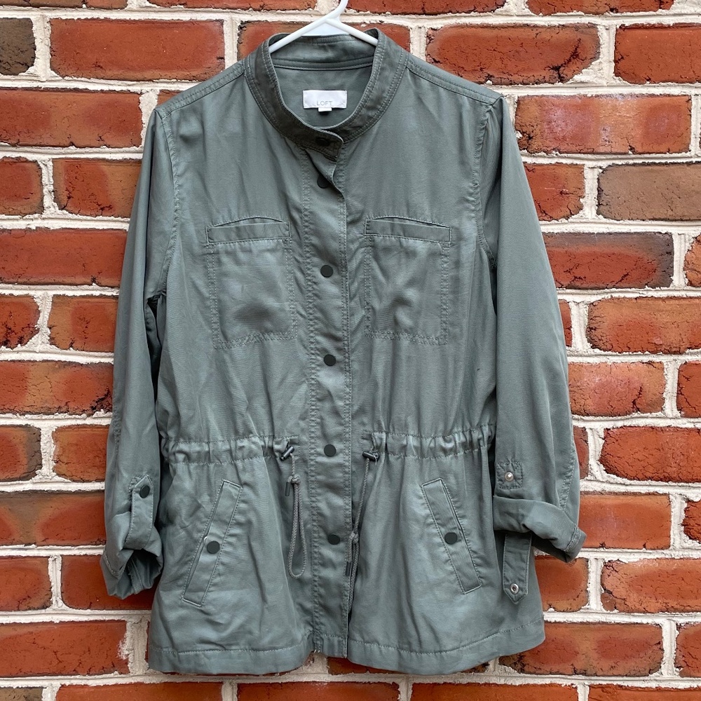 LOFT Olive Green Button Up Jacket with Draw String Waist